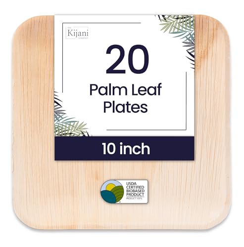 Kijani Palm Leaf Plates | Bamboo Plates Disposable Like | 10 Inch Square 20 Pack | Biodegradable, Compostable & Eco-friendly | Premium, Sturdy, Durable & Heavy Duty Wood Style | Entrée Plates