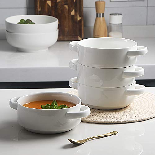 Image of Sweejar Ceramic Soup Bowls with Double Handles, 20 Oz Stacked Bowls for French Onion Soup, Cereal, Pot Pies, Stew, Chill, Pasta, Set of 4 (White)