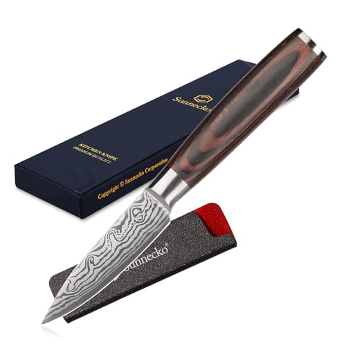Sunnecko Fruit Knife 3.5 Inch, Sharp Paring Knife with High Carbon Stainless Steel Blade, Forged Bolster Small Kitchen Knives Pakkawood Handle