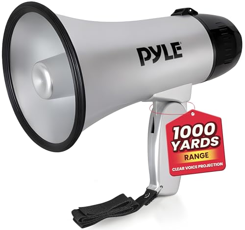 Pyle Portable Megaphone Speaker Siren Bullhorn - Compact, Battery Operated, 20W Power, Microphone, 2 Modes, PA Sound, 1000 Yards Range, Foldable Handle for Cheerleading and Police Use (Silver) by Pyle - Used condition - US$16.00