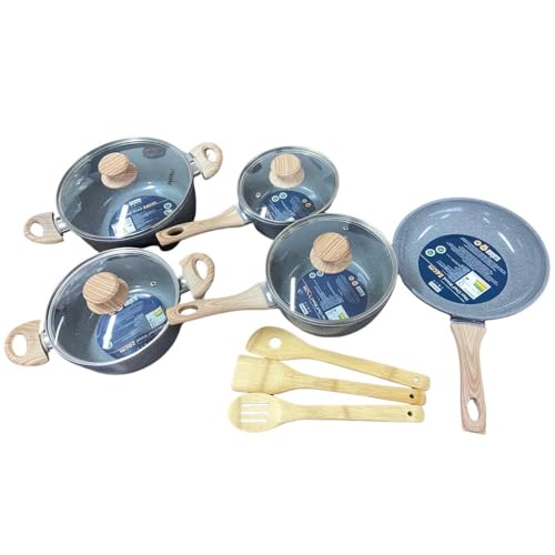 Jogo de Panelas MaxChefWood, 8 Peças, Antiaderente Cerâmico, Compatível com Indução, Cabo Madeira, Cinza/Azul Chumbo, Caçarolas 20-24cm