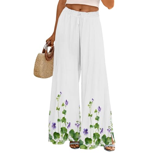 Womens Floral Print High Waist Wide Leg Pants Casual Baggy Plus Size Drawstring Side Split Trousers with Pockets