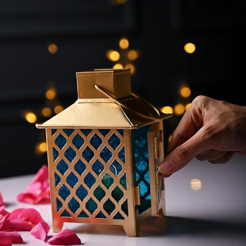 Image of MARKET 99 Metal & Glass Lantern Candle Holder with Blue Glass | Decorative Hanging & Tabletop Lantern for Diwali, Christmas, Weddings & Festive Home Decor | Golden & Blue Finish