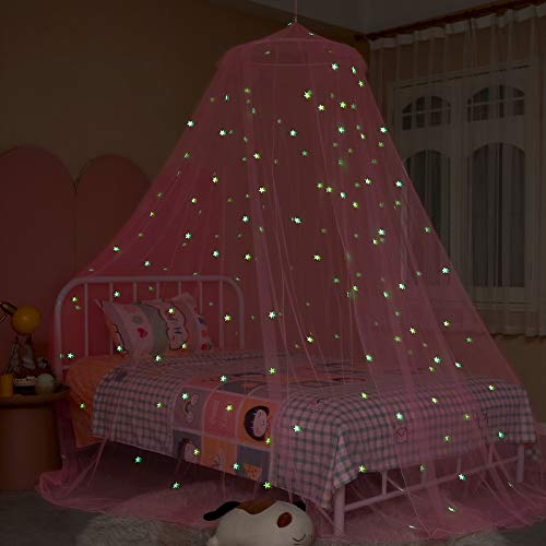 Mengersi Bed Canopy For Girls With Glow In The Dark Stars,Bed Canopy Curtains For Kids Baby Crib Twin Full Queen Size Bed,Canopy For Girls Room Decor,Pink #TOP2