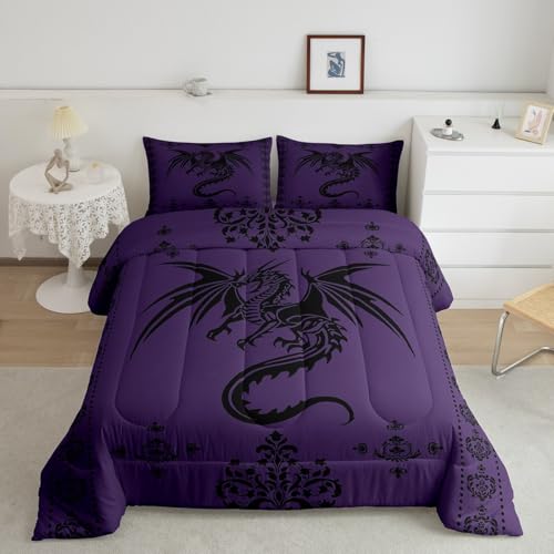 Image of Feelyou Dragon Bedding Set Kids Boys Teens Gothic Damask Paisley Floral Comforter Set Twin Size Women Bohemian Exotic Duvet Insert Animal Theme Room Decor,Purple Black