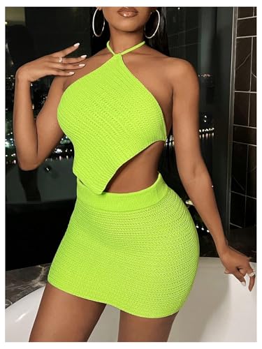 WDIRARA Women's 2 Piece Outfits Knitted Asymmetrical Halter Top and Bodycon Mini Skirt Set3