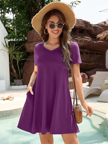 Image of KORSIS Dresses for Women Casual T-Shirt Summer Short Sleeve Loose Comfy Dress Swing Flowy Beach Vacation Sundress with Pocket