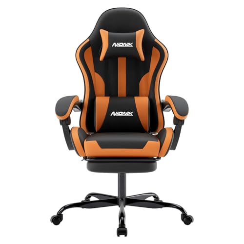 NIONIK Bürostuhl Gaming Stuhl,Gamer Stuhls Computerstuhl mit Fußstütze, Gepolstert Gaming Chair,Gaming Sessel für Erwachsene, Drehsessel schwarz orange
