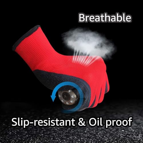 Image of 5Pair Nylon Knitted Latex Rubber Coated Safety Hand Protection Working Gloves For Anti Cut Heat & Fire Resistant Industrial Gloves For Men Women (PACK OF 10Gloves) (RED /BLACK-5PAIR)