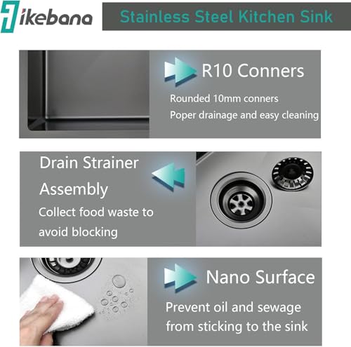 IKEBANA 25 Inch Black Kitchen Sink Drop In, 25 x 22 Inch 16 Gauge Single Bowl Stainless Steel Handmade Topmount Black Sink RV Bar Laundry Sinks by IKEBANA - Used condition - Image 4