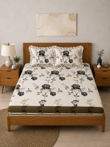 Image of King Size Fitted Bedsheet for Double Bed | 300 TC Cotton Feel Microfiber | All Around Elastic with 2 Frill Pillow Covers | Soft & Durable | (Design7, Fitted -60x78 Queen)