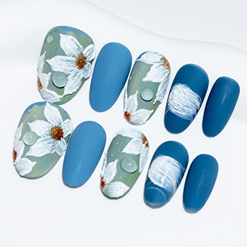 Sun&Beam Nails Handmade Press-on Medium Long Amlond Blue White Flower Hand-Painted Japanese Design Fashion False Nail Tips 10 Pcs Set (#060 M)