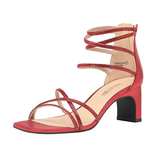 DREAM PAIRS Red Heels for Women Rhinestone Open Toe Block Chunky Pump Sandals Low Heels Bridal Wedding Party Evening Prom Dance Shoes Size 7.5 US SDHS2218W