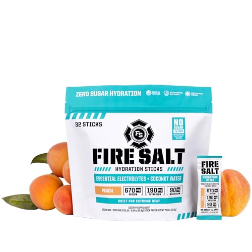 Fire Science Fire Salt Hydration Sticks, Electrolytes & Coconut Water, Hydration Drink Mix with Magnesium, Potassium & Sodium, Zero Sugar, Single Serve On The Go Packs, Vegan, Peach Flavor, 32 Count