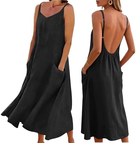 Summer Dresses for Women 2026 Backless Cami Dress with Pockets Low Back Spaghetti Strap Sundresses Vacation Outfits