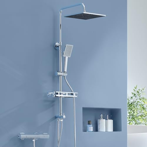 Auralum Columna Ducha sin Grifo con Estante, Cabezal Ducha 25cm x25cm, Desviador de ducha de Latón, Barra de Ducha de Acero Inoxidable, Ducha de baño Compatible con Orificios Existentes, Cromo