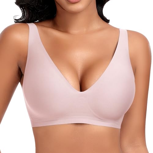 DOCUMO Bras for Women No Underwire Comfort Deep V Wireless Bralettes Adjustable Soft Sleep Seamless Plunge Bra with Bra Extender(Pink,Medium)