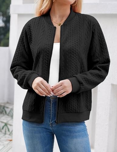 Image of WROLEM Women's Zip Up Cardigan Sweater Cable Hoodies Long Sleeve Jacket Outfits Crewneck Casual Coat