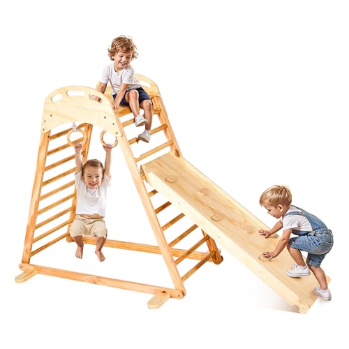 VEVOR Indoor Spielplatz Klettergerüst Set (4 in 1) aus Holz, 100 kg belastbares Montessori-Kletterspielzeug-Set mit Kletterfelsen/Rutsche/Holzleiter/Turnringen Holzfarbe