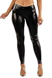 BOGOMORE Women's Metallic Shiny Shiny Leggings - High Waist Faux Leather Footless Tights Pants Wet Look Skinny Glamour Black Medium