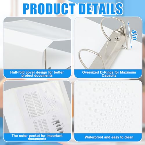 Henoyso 6 Pcs 4 Inch D-Ring 3 Ring Binders with Clear Pocket, Heavy Duty Large Capacity Binder with Inside Pockets for Standard Pages 8.5 x 11, Presentation Binder for Office School(White) - Image 3