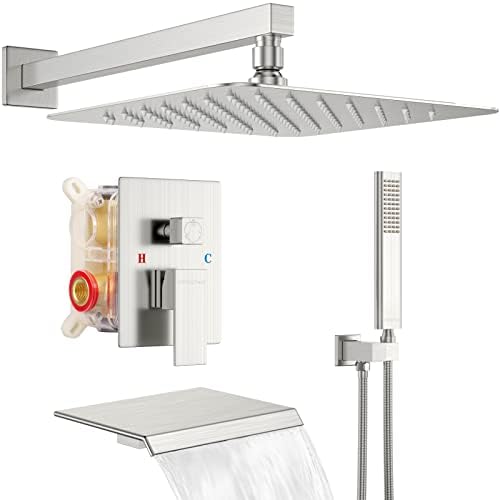 EMBATHER Shower System with Waterfall Tub Spout Shower Faucet Set with 12 Inch Rain Shower Head Wall Mounted Shower Set Brushed Nickle (Contain Rough-in Valve Body and Trim)
