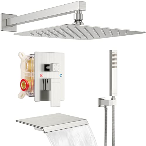 EMBATHER Shower System with Tub Spout,12 Inch All-Metal Tub Shower Faucet Combo Complete, Wall Mounted Rain Shower Head with Handheld Spray, Brushed Nickle (with Brass Valve and Trim kit) EMBATHER Shower System with Tub Spout,12 Inch All-Metal Tub Shower Faucet Combo Complete, Wall Mounted Rain Shower Head with Handheld Spray, Brushed Nickle (with Brass Valve and Trim kit)
