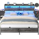 Unikito King Size Bed Frame with Bookcase Storage Headboard and LED Light, King Bed with Slide Out Bedside Cabinet and Power Outlet, Sturdy Metal Slats, No Box Spring Needed, Noise Free, Black Oak