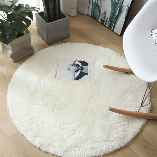 Highdi Alfombra Redonda 60/80/100/120/140/160/200cm, Alfombra de Pelo Largo para Salón Shaggy Alfombras Redondas Lavable Antideslizante Alfombra Grande para Habitación 12 Colores (60cm,Blanco)