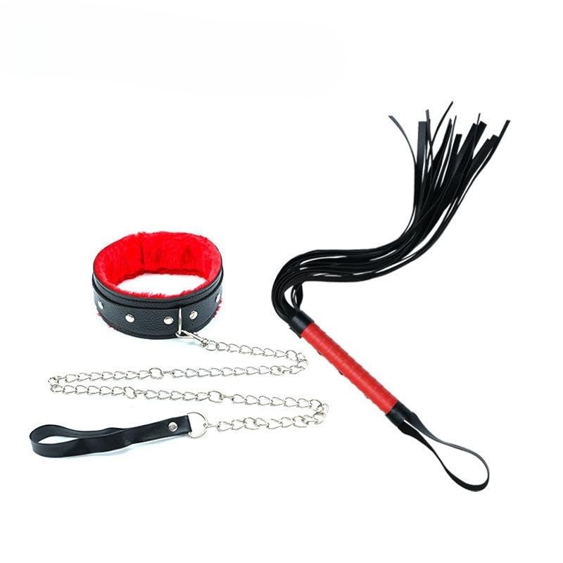 HUNTVE Collare in Pelle di Peluche con Catena in Metallo e Frusta per Giochi di Ruolo (Nero e Rosso)