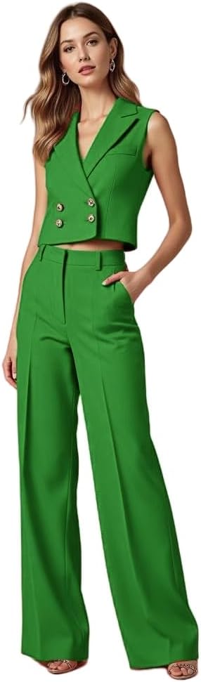 Womens Vest and Wide Pants Set 2 Piece Outfits Sleeveless Blazers Business Professional Beach Vacation Clothes for Women
