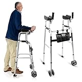Dual-Wheel Stand Up Walker with Armrest Pad - Aluminum Standard Walker with Small Bag, Fadable Walkers for Seniors, Elderly, Platform Walker with Arm Support, Standing Upright Walkers, Silver