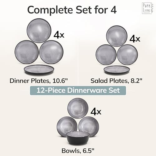 Image of 12 Piece Stoneware Dinnerware Set for 4 - Handmade Reactive Glaze Plates and Bowls Set - Chip & Scratch Resistant Dish Set - Dishwasher Microwave Safe - Dark Gray