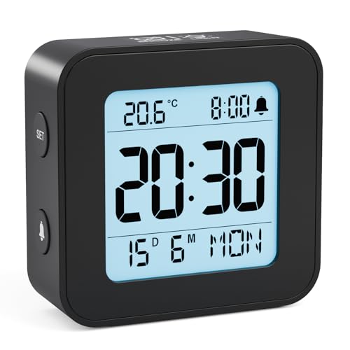 LATEC Reloj Despertador, Reloj Despertador Digital Pilas con Temperatura, Retroiluminación, 3 Volúmenes, 12/24H, Calendario, Snooze para Viajes y Dormitorio (Baterías Incluidas) (Negro)
