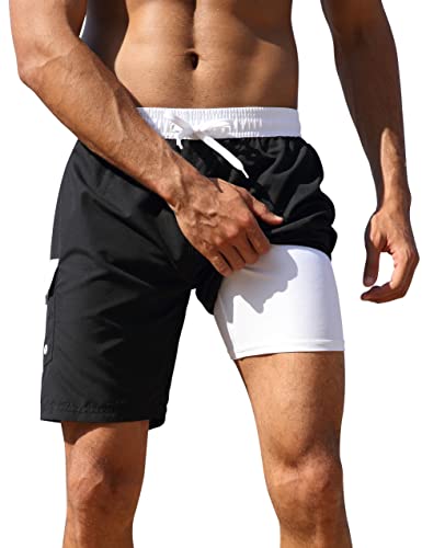 Nonwe Men's Swimming Shorts with Compression Liner Classic Hawaii Volley Beach Trunks Black 38