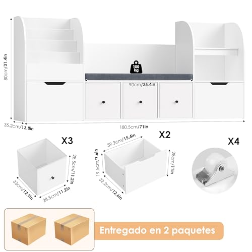 FOREHILL Mueble Almacenaje Juguetes Librería Infantil Montessori Estantería Infantil para Jugetes de 4 Niveles, con Cojín de Asiento, 2 Cajones para Dormitorios Guardería, Blanco 180.5x35.2x80cm - imagen 3