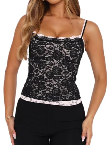 Image of Springcmy Womens Y2k Lace Floral Cami Tank Tops Going Out Crop Ruched Spaghetti Strap Mesh Slim Camisole Summer Tops Streetwear (Aa Black, M)