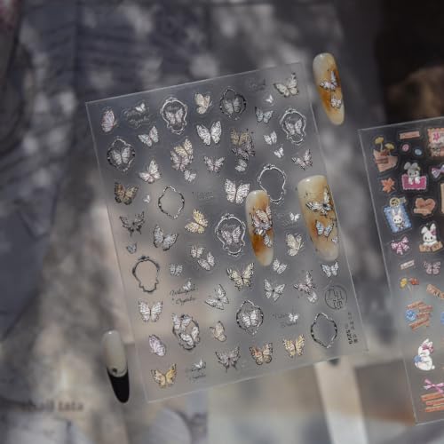 Image of Butterfly Nail Stickers Vintage Nail Decals Fall Nail Stickers for Nail Art | Autumn Brown Nail Art Stickers Metallic 5D Embossed Flower Frame for Women Manicure DIY Charms Accessories Supply 1 Sheet