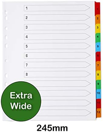 [5 Pack] A4+ Extra Wide 12 Part File Dividers A4+ Extra Wide 12 Part Numbered Subject Dividers Multipunched Reinforced Colour Tabs 150gsm