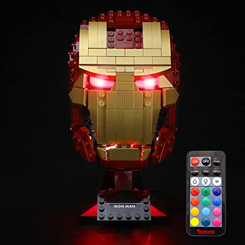 BRIKSMAX Oświetlenie LED z wielofunkcyjnym pilotem zdalnego sterowania dźwiękiem do kasku LEGO Marvel Iron Man, kompatybilny z modelami klocków Lego 76165