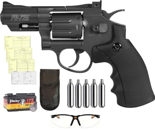 Pack Revolver Perdigón Gamo PR-725 de 3 Julios + Tarjeta de Armas + Gafas Protectoras + Funda + balines + bombonas CO2