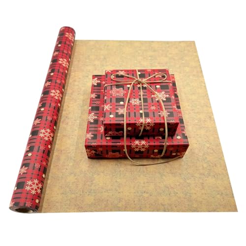 Jumbo-Geschenkpapierrolle: 60 cm x 12 m, recycelbares rotes Weihnachts-Kraftpapier mit Schneeflocken- und Punktdruck für Weihnachts-, Geburtstags-, Hochzeits- und Festgeschenkdekorationen
