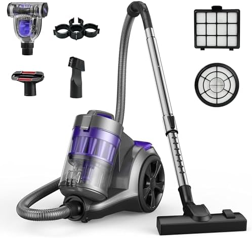 Aspiron 1700W Canister Vacuum Cleaner, 45Kpa Bagless Vacuum Cleaner, Multi-Cyclonic Filtration, 2 Anti-Allergen HEPA Filters, 3.5QT Dust Cup, 4 Tools, Corded Vacuum for Hard Floor, Pet Hair, Wisteria
