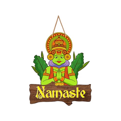 Image of Decor Smart Wooden Wall Hanging | Decorative Wall Art | Traditional Namaste Plaque with Kathakali Design | Indian Style Home Decor Accent | Decoration for Bedroom | Entryway & Living Room (DWA 8703)