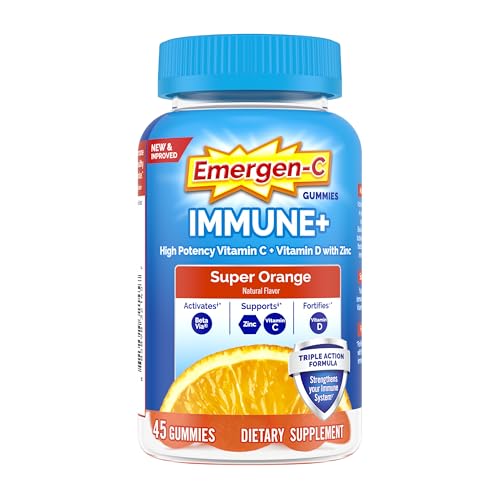 Emergen-C Immune+ Immune Gummies, Vitamin D plus 750 mg Vitamin C, Immune Support Dietary Supplement, Caffeine Free, Gluten Free, Super Orange Flavor - 45 Count