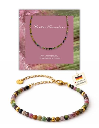happymaker- Turmalin Armband bunt, handmade in Deutschland, Naturstein Armband Damen mit gemischten Turmalin Steinen und Gold Perlen aus Edelstahl, Heilsteine Armband mit Geschenkverpackung