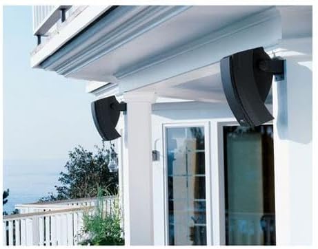 Two Bose 251 Outdoor Environmental Speakers mounted on the exterior wall of a house, under an overhang.