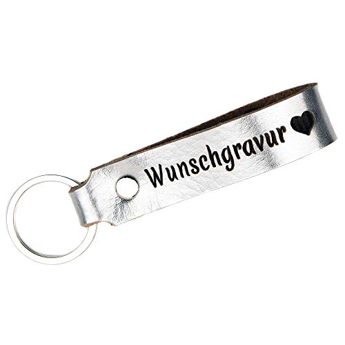 Preisvergleich Produktbild TIDERO Schlüsselanhänger aus Leder mit Wunschgravur, individuelle Gravur, beidseitig - Schlüsselring Schlüsselband - Geschenk für Männer Frauen, 100% Handmade in Germany - metallic Silber