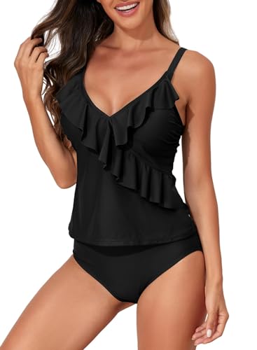 Aleumdr Two Piece Tankini Swimsuit for Women Tummy Control Bathing Suits Ruffled Top with Bikini Bottoms Swimwear