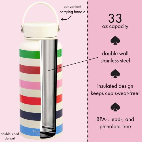Kate Spade New York Large Insulated Stainless Steel Water Bottle, 33 Ounce Metal Water Bottle, Double Wall Travel Tumbler With Lid, Adventure Stripe #TOP2